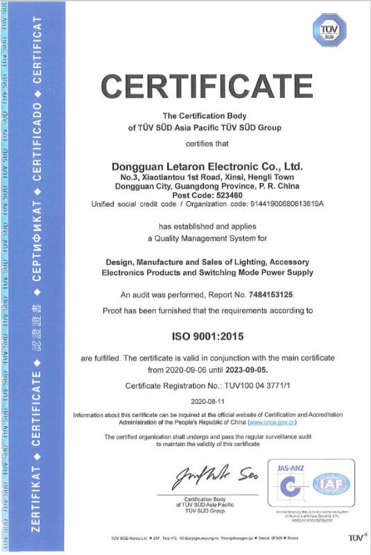 ISO9001:2015 - Dongguan Letaron Electronic Co. Ltd.