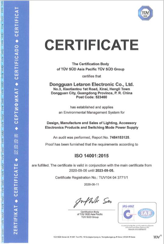 ISO14001:2015 - Dongguan Letaron Electronic Co. Ltd.