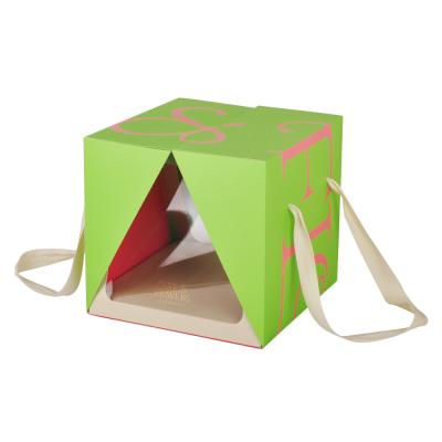 China Green Paper Cake Packaging Box With Plastic Window Ribbon Handle for sale