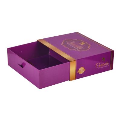 China Purple Drawer Paper Box Wig Hair Extension Packaging With Ribbon Handle Te koop