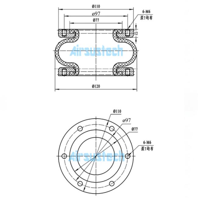 Technical drawing of 97MM PCD Flange Connection Firestone Air Bag