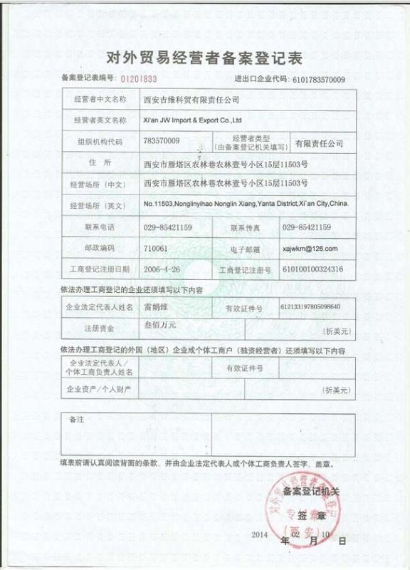 Record Form for Foreign Trade Operators - Xi'an JW Import & Export Co.,Ltd