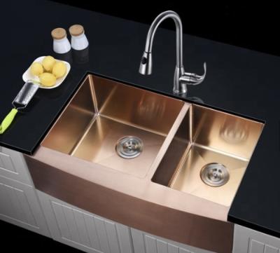 China Farmhouse Apron Front Double Bowl Kitchen Sink 16 Gauge PVD Nano for sale