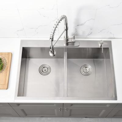 China 33X22 Inch 2 Bowl Top Mount Stainless Steel Kitchen Sink PVD Brushed Surface for sale