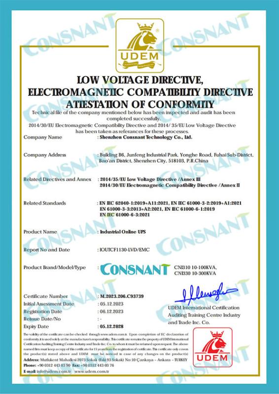UDEM LOW VOLTAGE DIRECTIVE, ELECTROMAGNEIC COMPATIBIIIIY DIRECTIVEATIESTAION OF CONFORMIIY - Shenzhen Consnant Technology Co., Ltd.