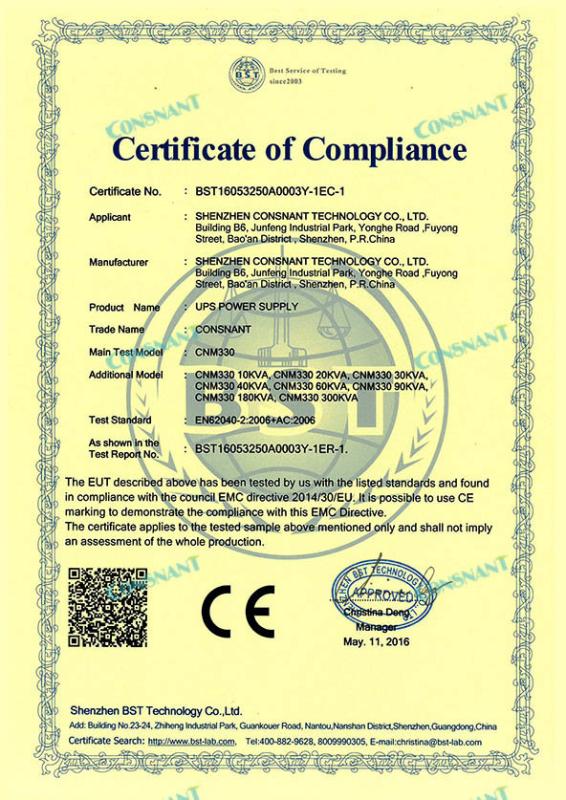 Certificate of Compliance - Modular Online UPS CE - Shenzhen Consnant Technology Co., Ltd.