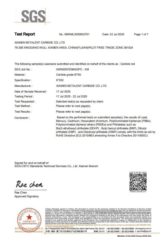 SGS - Xiamen Betalent Carbide Co.,Ltd