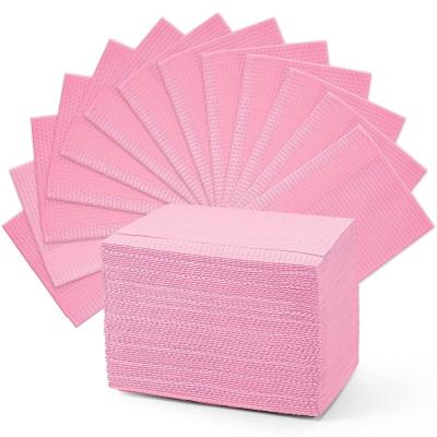 China SJ Dental Bib Disposable Pink Towel Waterproof Patient Bibs 3 Ply Tattoo Paper Napkins for Dental Clinic Tattoo Feeding for sale