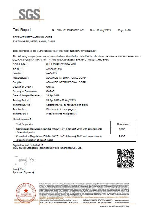 Certificate of Physical Properties - Advance International Corp