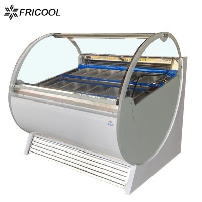 China 12 Trays Curved Glass Stand Up Ice Cream Freezer 500L R290 Refrigerant for sale