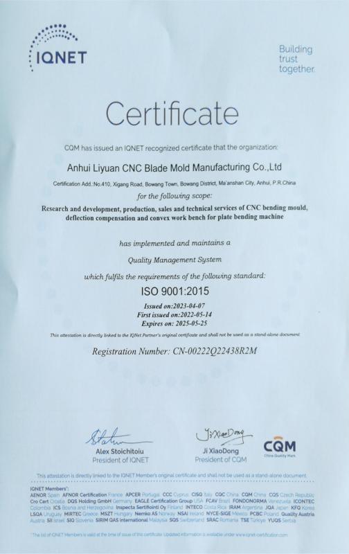 Quality Management System Certificate - Anhui Liyuan CNC Blade Mold Manufacturing Co., Ltd.