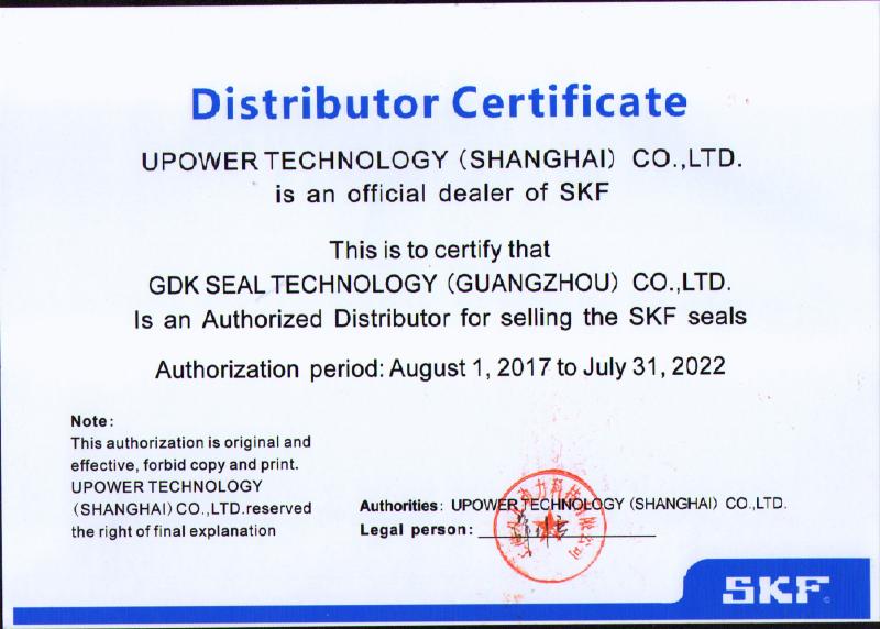 SKF Brand Distributor Certificate - GUANGZHOU GOLD-KING SEALS TECHNOLOGY CO., LTD.