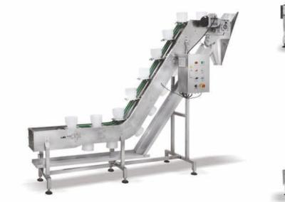 China 0.8L Bowl  Inclined Cleated Belt Conveyor , Elevator Belt Conveyor 60p/M SUS 303 for sale