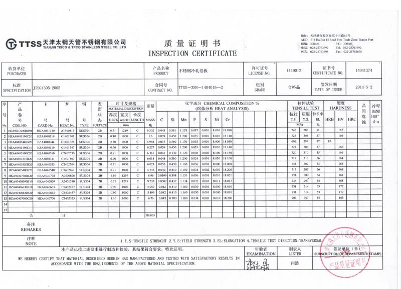 INSPECTION CERTIFICATE - Jiangsu Hai Yi Da Metal Products Co., Ltd