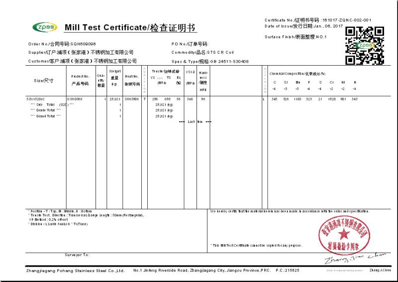 INSPECTION CERTIFICATE - Jiangsu Hai Yi Da Metal Products Co., Ltd