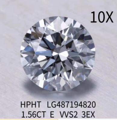 China Rondo Brillante 3EX Diamante cultivado en laboratorio Joyería 1.56 Ct E Color VVS2 Diamante HPHT en venta