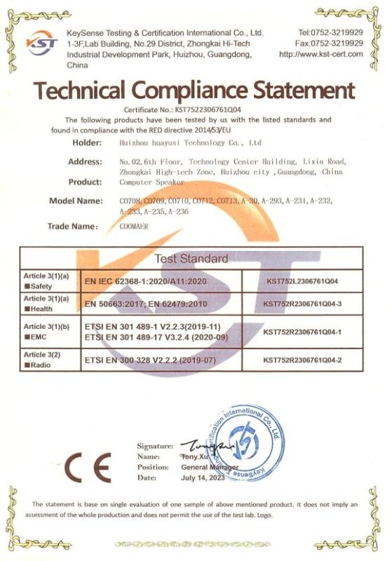 CE - Huizhou Coomaer Technology Co., Ltd.