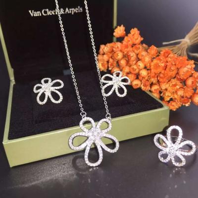 China Van Cleef & Arpels 18K White Gold Diamond Flower Earring with Necklace Ring Jewelry Set for sale