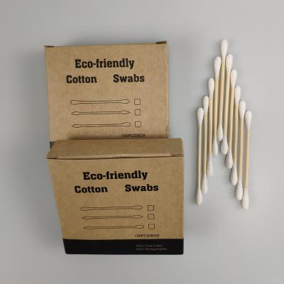China Algodón principal doble Bud Swab de la manija de bambú biodegradable de ECO en la caja de papel en venta