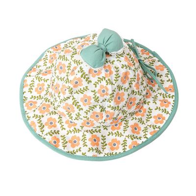China Floral Wavy Bound Cotton Children'S Bucket Hat with bow For Outdoor Sun Protection for sale