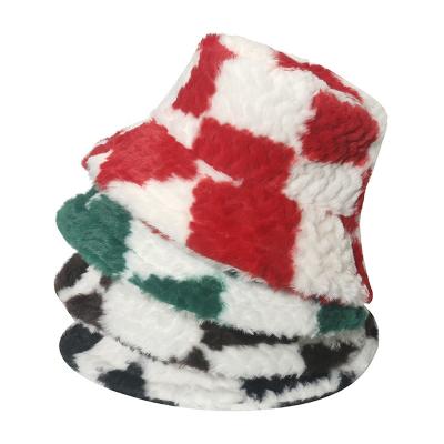 China Trendy Multi-Color Warm Plush Checkerboard Bucket Hat For Female for sale