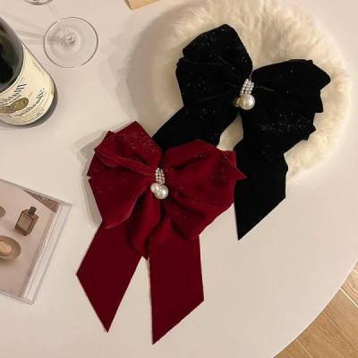 China Vintage Velvet Bow Hair Clip Spring Clip with Pearl For Women for sale