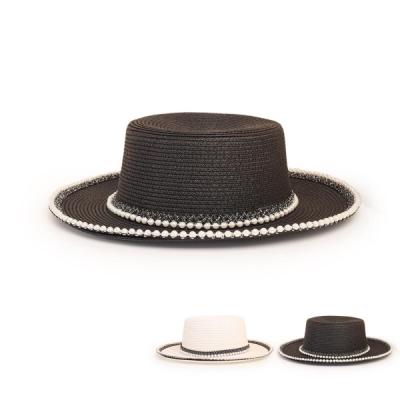 China Fashion Wide Brim Straw Hat Pearl Trim Straw Hat For Women for sale