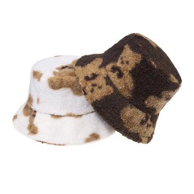 China 2021 New Bear Print Sherpa Fur Bucket Hat Autumn and Winter Bucket Hat Women Lovely Bucke for sale