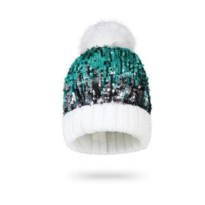 China Women Outdoor Cotton Knitted Hats Sequins Gorro Beanis Fashion Pompom Beanie Hat for sale