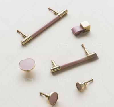 China 5 Inch Real Leather Handles Cabinet Brass T Bar Pulls Pink Single Hole Knobs en venta